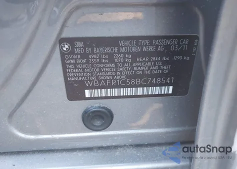 2011 BMW 528I из США, поврежденный, VIN WBAFR1C58BC748541